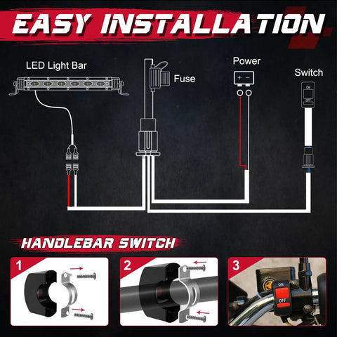 Motorcycle LED Light Wiring Harness Kit With Handlebar Switch And 10 Amp Fuse For ATV Dirt Bike Ebike Scooters Ride Ready Driving And Fog Lights 12V 4.8 Foot Cable 22mm Bar