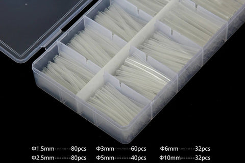 Clear Heat Shrink Tubing Kit For DIY Projects, 324 Pieces, Six Sizes 1.5mm 2.5mm 3mm 5mm 6mm 10mm, transparent tubing in storage box.