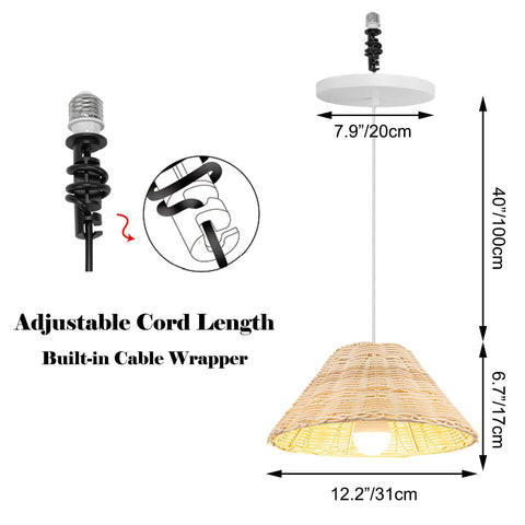 Kiven Instant Light Conversion Kit for 4/5/6inch Hole, 2-Light Glass farmhouse pendant with adjustable 40-inch cord and rattan shade.