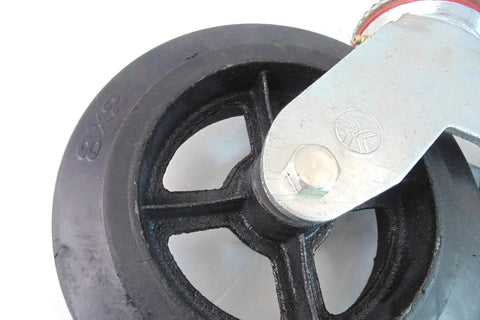 Real Deal Heavy Duty Scaffold Casters Set Of Four 8x2 Black Rubber Mold On Steel Wheels With Solid Locking Brakes close-up of 8x2 rubber wheel