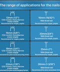 Chart showing nail sizes with applications for Two In One Cordless Nail Gun And Five Eighths Inch Angle Grinder Kit With Two 2Ah Batteries