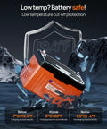 12V 100Ah LiFePO4 Trolling Battery with SOC Display and Bluetooth, showing low temperature protection in icy environment