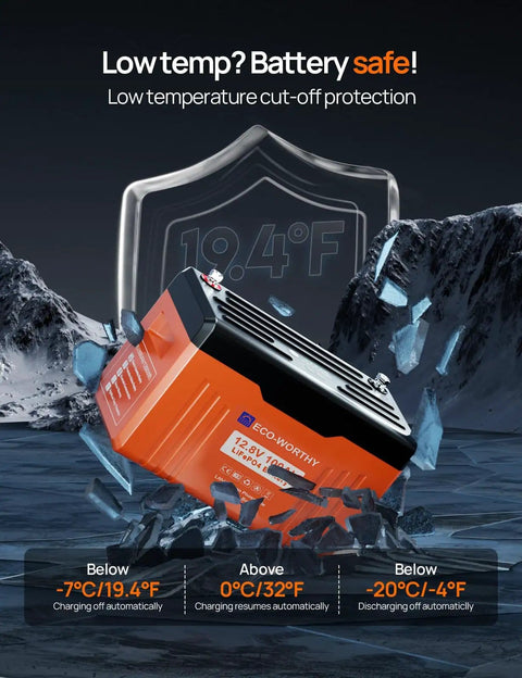 12V 100Ah LiFePO4 Trolling Battery with SOC Display and Bluetooth, showing low temperature protection in icy environment