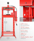 Heavy Duty 30 Ton Air Hydraulic Shop Press With Red Rock Solid H Frame Build Featuring Adjustable Table Height and Secure Stamping Plates for Badass Garage Metalwork and Auto Repair Tasks, showing adjustable height settings and specs.
