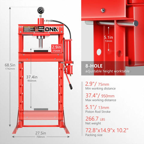 Heavy Duty 30 Ton Air Hydraulic Shop Press With Red Rock Solid H Frame Build Featuring Adjustable Table Height and Secure Stamping Plates for Badass Garage Metalwork and Auto Repair Tasks, showing adjustable height settings and specs.
