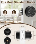 Legit Smart Fingerprint Door Lock With Keypad And Wireless App Control For Next Level Home Safety shows dimensions and fit for standard doors.