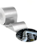 High Temperature Glass Fiber Reflective Heat Barrier Tape With Adhesive Backing For Car Intake Pipes And Engine Bay Two Inch By Sixteen Point Four Feet Heavy Duty Aluminum Mylar Silver Shield Wrap, showing tape roll and car engine application.