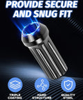 24 Pack Black XL Spline Lug Nuts M14x1.5 For 6 Lug Aftermarket Wheels With 60 Degree Conical Bulge Seat Closed End Includes 1 Socket Key Beefed Up Replacement For Silverado Tahoe Sierra F150 Secure Fit And Easy Install, close-up view of one lug nut with secure fit feature and icons for triple coating, hard structure, and quality steel