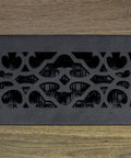 Old-School Victorian Style Floor Register 6x10 Inches Cast Iron Black With Scroll Design, Drop-In Or Flush Mount, on wood floor