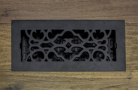 Old-School Victorian Style Floor Register 6x10 Inches Cast Iron Black With Scroll Design, Drop-In Or Flush Mount, on wood floor