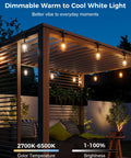 123 Ft Outdoor Color Changing String Lights With RGB CWIC LEDs illuminating a patio with dimmable brightness and IP65 waterproofing.