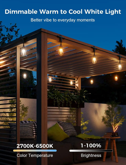 123 Ft Outdoor Color Changing String Lights With RGB CWIC LEDs illuminating a patio with dimmable brightness and IP65 waterproofing.