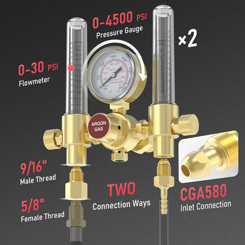YesWelder dual-output argon regulator with two flow meters, CGA580 inlet, brass body