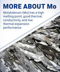 More about Molybdenum with high melting point, thermal conductivity; image shows large molybdenum crystals.