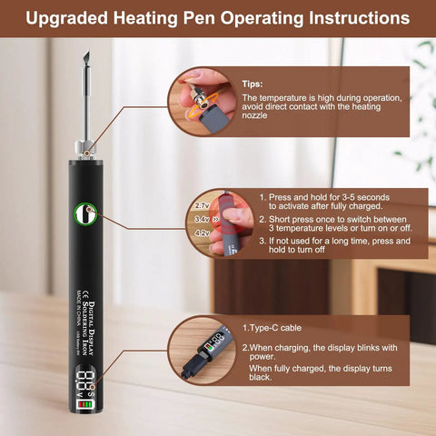 Slick Vinyl Floor Repair Kit With Smart Heat Tool showing upgraded heating pen operating instructions with digital display.