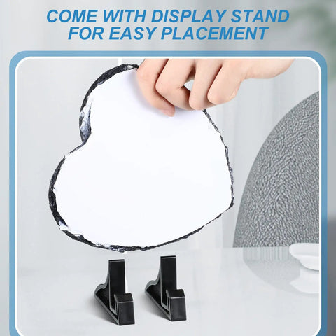 Hand holding Blank Sublimation Heart Slate Set Four Pieces 5.9 By 5.9 Inches With Black Stands For Heat Press DIY Custom Photo Plaque