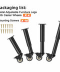 Adjustable Furniture Legs With 2.36 Inch Swivel Casters Heavy Duty Replacement Feet For Cabinet Sofa Bed Dresser Couch And Coffee Table Height From 7.08 Up To 12.2 Inches Caster Included 9.44 To 14.56 Set Of 4 displayed with screws