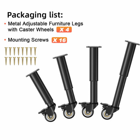 Adjustable Furniture Legs With 2.36 Inch Swivel Casters Heavy Duty Replacement Feet For Cabinet Sofa Bed Dresser Couch And Coffee Table Height From 7.08 Up To 12.2 Inches Caster Included 9.44 To 14.56 Set Of 4 displayed with screws