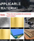 Drill bit materials collage: iron, copper, aluminum, thin brass sheets, plastic, wood; applicable materials note