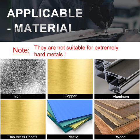 Drill bit materials collage: iron, copper, aluminum, thin brass sheets, plastic, wood; applicable materials note