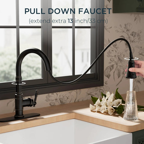 Premium Vintage Kitchen Faucet Featuring A Smooth Pull Down Sprayer And Heavy Duty Oil Rubbed Bronze Finish for easy cleaning.