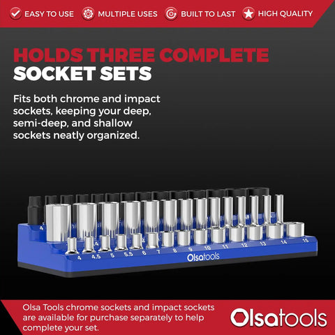 Magnetic Socket Organizer For One Fourth Inch Drive 3 Row Tool Holder In Metric Blue Holds 42 Sockets Professional Grade