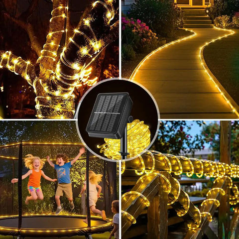 Solar Rope Light IP65 Waterproof 39Ft 100LEDs Outdoor String Lights wrapped around tree, pathway, fence, and trampoline for decoration.