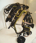 Black Synthetic Nylon Horse Driving Harness With Yellow Piping Diamond Chains On Browband And Noseband Curved Blinders