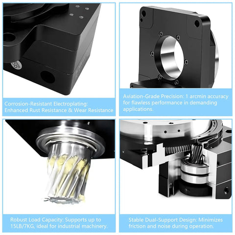 Hollow Rotating Platform With 5 To 1 Planetary Gearbox, close-up of gear mechanics and load capacity details for precision actuator.