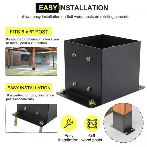 Heavy Duty 6x6 Post Base Brackets Four Pack for Decks and Pavilion Railings, black powder coat steel bolt down installation