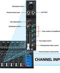 HT7 Bluetooth Portable DJ Mixer with labeled 7-channel inputs, microphone and line inputs, gain and output controls visible