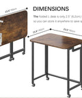 Folding Rolling Computer Desk For Small Spaces, Portable Laptop Cart On Wheels, Rustic Brown And Black Finish, dimensions view