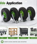 Heavy Duty 10 Inch Pneumatic Caster Set With Two Swivel And Two Rigid Black Rubber Wheels displayed on carts and machinery.