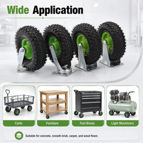 Heavy Duty 10 Inch Pneumatic Caster Set With Two Swivel And Two Rigid Black Rubber Wheels displayed on carts and machinery.