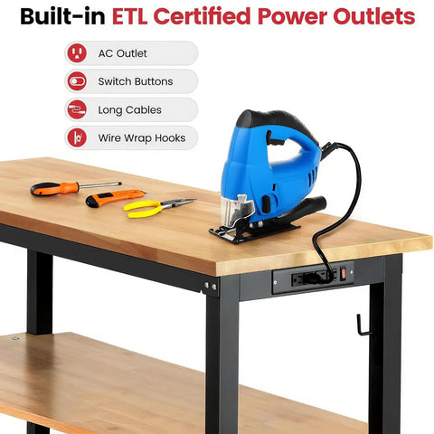 Top Shelf 48 Inch Adjustable Workbench With Thick Rubberwood Top And Knockout Steel Frame Including Pegboard Storage Rack Plus Built In Power Outlet For Weekend Woodworking
