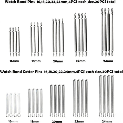 Watch Band Link Pin Remover And Repair Tool Kit showing 20 watch band pins and 20 cotter pins in various sizes from 16mm to 24mm.