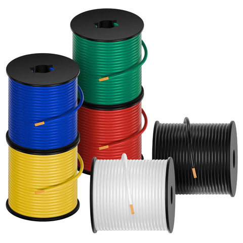 Color Coded 14 Gauge CCA Automotive Primary Wire Set, 6 Rolls Of 100Ft Each, Total 600Ft, White Black Yellow Green Blue Red PVC Jacket