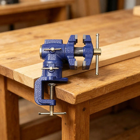 High Strength Carbon Steel Woodworking Bench Vise With 360 Rotation And Dual Control Clamps for precise tasks on a wooden workbench.