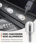 Close-up of CNC-machined 6061 aluminum 1.65 inch attachment knob thumb screws with chrome finish for kitchen mixers.