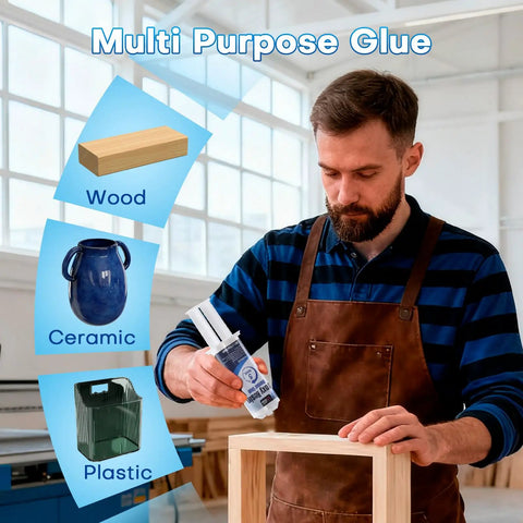 Man using Fast Cure 5 Minute Epoxy Kit 3.4oz Clear High Strength 2 Part Glue With Mixing Tools Waterproof Adhesive on wood frame