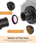 Exploded view of 1.25 Inch T-Adapter and T Ring for Pentax K SLR DSLR, focus on filter thread and telescope attachment points.