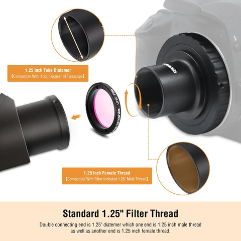 Exploded view of 1.25 Inch T-Adapter and T Ring for Pentax K SLR DSLR, focus on filter thread and telescope attachment points.