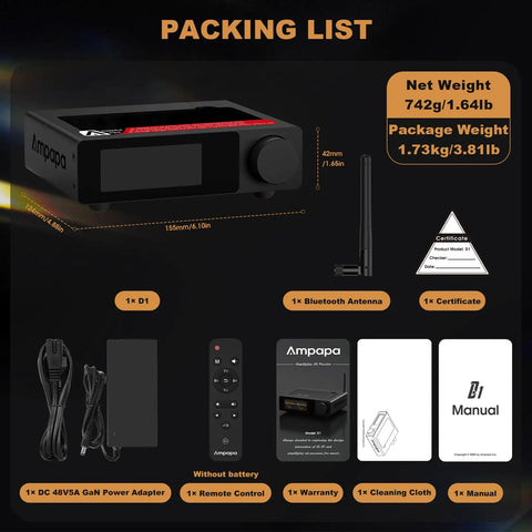 Next Gen 2 Channel Bluetooth HiFi Amp With 300W Per Channel Digital VU Meter Sub Pre Out HPF Tone Control TRS Balanced Input Bass Treble Control Remote And BT 5 2 For Your Home Theater And Bookshelf Speakers packing list, 155x124x42mm amp, antenna, remote, adapter
