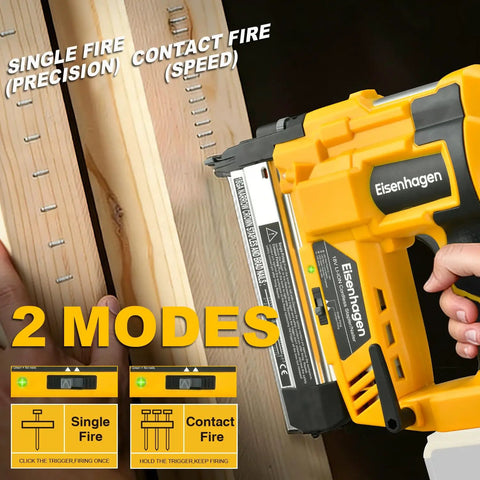Slick 2In1 Cordless Brad Nailer And Staple Gun Works With 20V Batteries For Woodworking And Home DIY Tasks showing two firing modes.