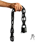 Hand holding Hardened 8mm Security Chain With Weather Resistant Pad Lock for gate, bike, generator, fence and outdoor use, shown with keys.