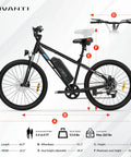 Adult Electric Mountain Bike With 26 Inch Tires And 750W Peak Motor dimensions infographic showing size and frame specs in black.