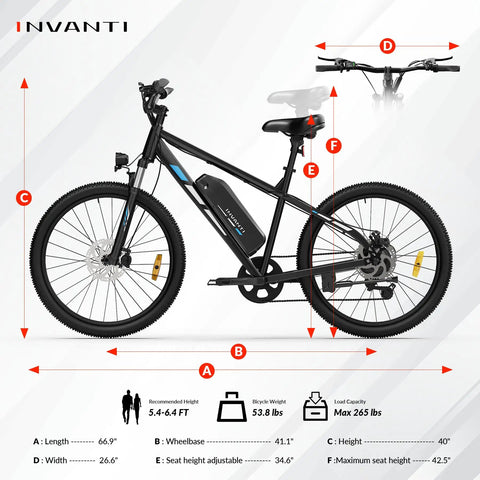 Adult Electric Mountain Bike With 26 Inch Tires And 750W Peak Motor dimensions infographic showing size and frame specs in black.