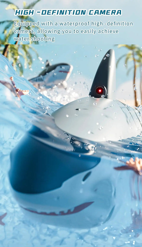 Lit Remote Control Shark Boat With HD Camera Water Sprayer Dual Motors 2.4G RC Racing Boat for Lakes and Pools, realistic design.