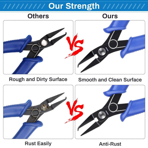 Comparison image showing Split Ring Opener Tool For Jewelry Making, Keychain Pliers Set with smooth, anti-rust finish versus others.