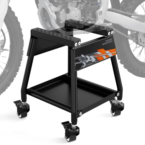 Beefed Up Heavy Duty Dirt Bike Stand With Wheels Universal Detachable Lift Panel Anti Slip Maintenance Stand For Most Dirt Pit Bike Motocross Enduro Off Road Motorbikes Black side view